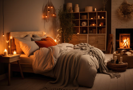 Cozy bedroom with stylish decoration in autumnal styleの素材
