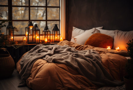 Cozy bedroom with stylish decoration in autumnal styleの素材