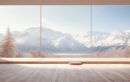 Empty room with a snowy scene in the backgroundの素材