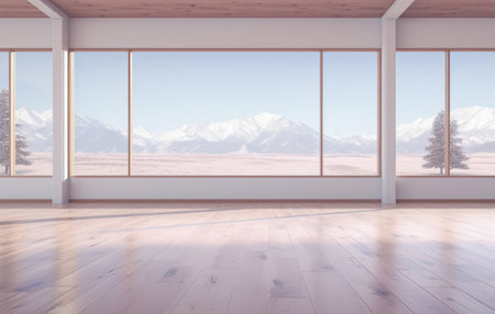 Empty room with a snowy scene in the backgroundの素材