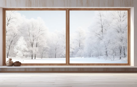 Empty room with a snowy scene in the backgroundの素材