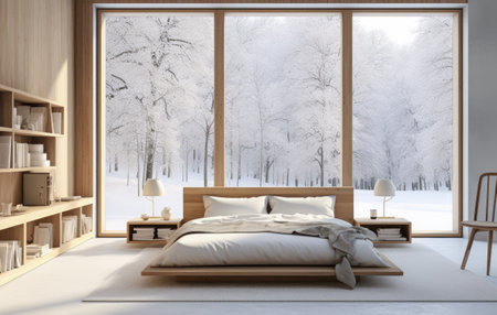 Empty room with a snowy scene in the backgroundの素材