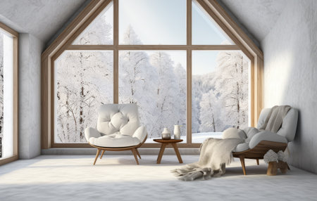 Luxurious villa living room with a snowy scene in the backgroundの素材
