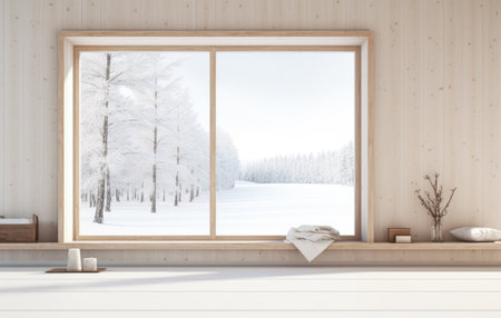 Empty room with a snowy scene in the backgroundの素材