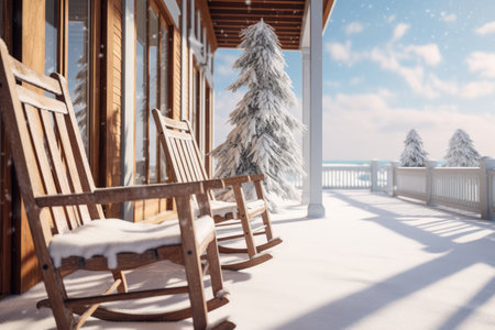 Chairs on the front porch of a house with a snowy backgroundの素材