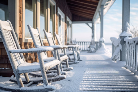 Chairs on the front porch of a house with a snowy backgroundの素材