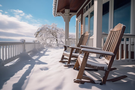 Chairs on the front porch of a house with a snowy backgroundの素材