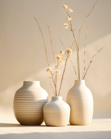 Dried flowers in white ceramic vases. Minimalistic interior decoration conceptの素材