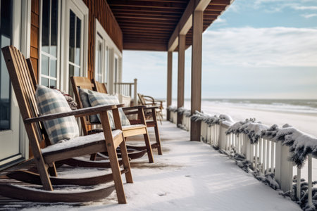 Chairs on the front porch of a house with a snowy backgroundの素材