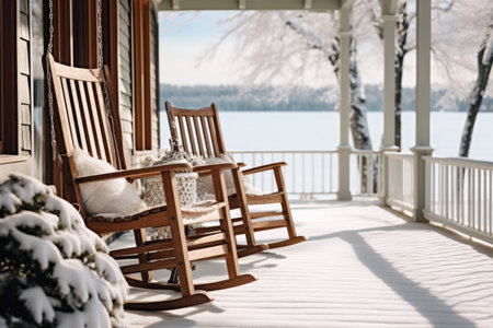Chairs on the front porch of a house with a snowy backgroundの素材