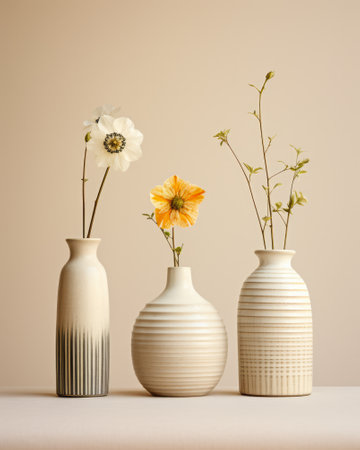 Dried flowers in white ceramic vases. Minimalistic interior decoration conceptの素材