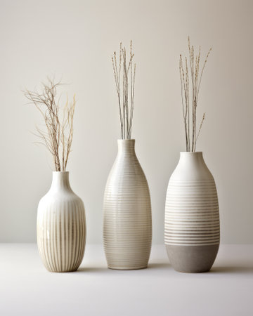 Dried flowers in white ceramic vases. Minimalistic interior decoration conceptの素材