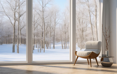 Empty living room with a snowy scene in the backgroundの素材
