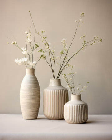 Dried flowers in white ceramic vases. Minimalistic interior decoration conceptの素材