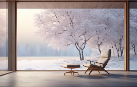 Empty living room with a snowy scene in the backgroundの素材