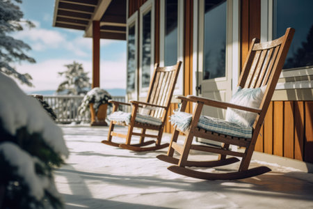 Chairs on the front porch of a house with a snowy backgroundの素材