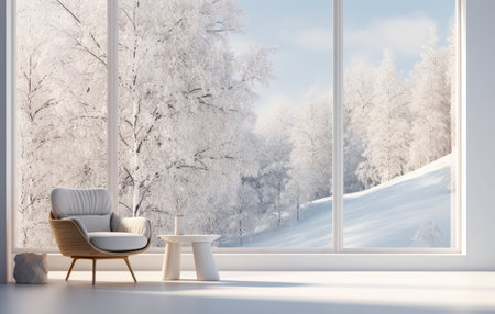 Empty living room with a snowy scene in the backgroundの素材