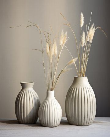 Dried flowers in white ceramic vases. Minimalistic interior decoration conceptの素材