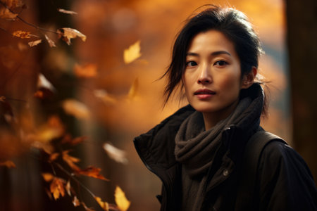 Asian woman enjoying autumn in the woodsの素材