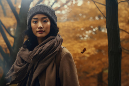 Asian woman enjoying autumn in the woodsの素材