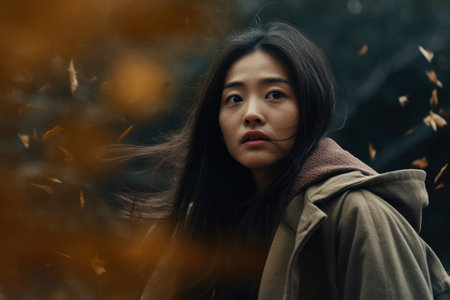 Asian woman enjoying autumn in the woodsの素材