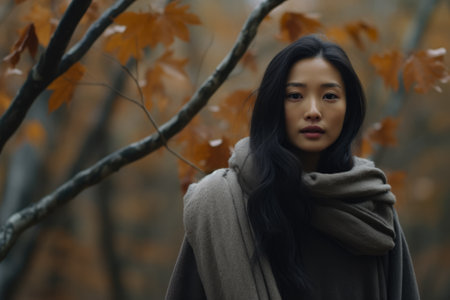 Asian woman enjoying autumn in the woodsの素材