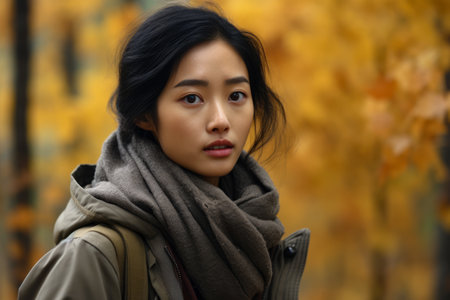 Asian woman enjoying autumn in the woodsの素材