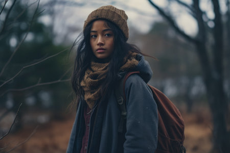Multiethnic girl enjoying autumn in the woods on a snowy dayの素材