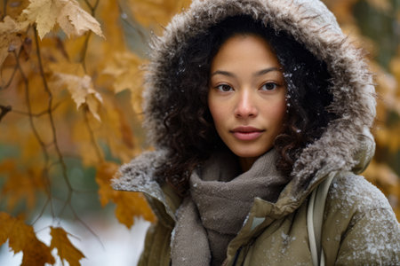Multiethnic woman enjoying autumn in the woods on a snowy dayの素材