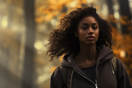Multiethnic woman enjoying autumn in the woodsの素材