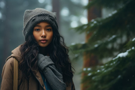 Multiethnic girl enjoying autumn in the woods on a snowy dayの素材