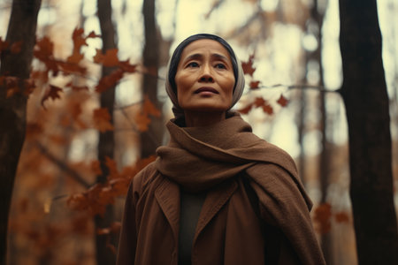 Asian woman enjoying autumn in the woodsの素材