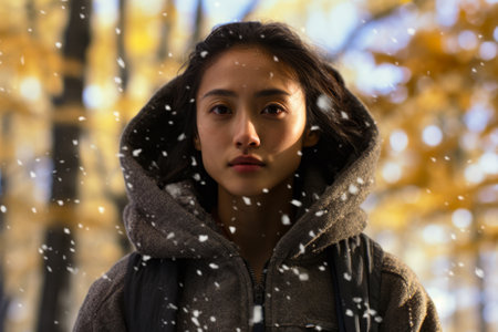 Multiethnic woman enjoying autumn in the woods on a snowy dayの素材