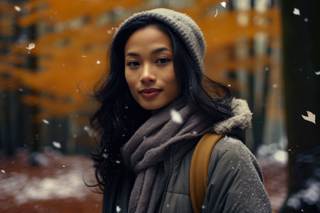 Multiethnic woman enjoying autumn in the woods on a snowy dayの素材