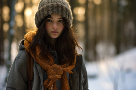 Multiethnic girl enjoying autumn in the woods on a snowy dayの素材