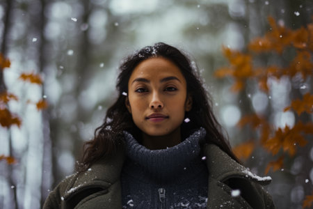 Multiethnic woman enjoying autumn in the woods on a snowy dayの素材