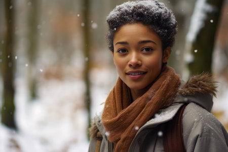 Multiethnic woman enjoying autumn in the woods on a snowy dayの素材