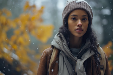 Multiethnic woman enjoying autumn in the woods on a snowy dayの素材