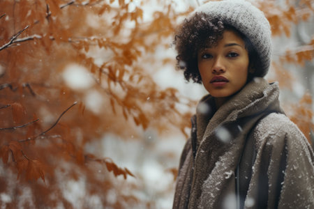 Multiethnic woman enjoying autumn in the woods on a snowy dayの素材