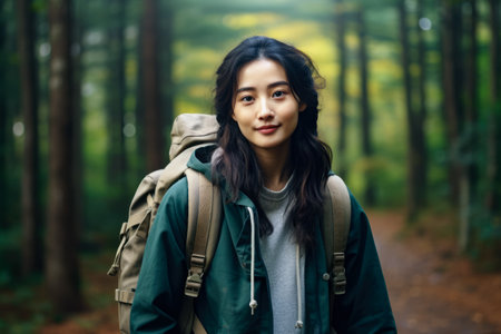 Young asian woman hiking in the woodsの素材