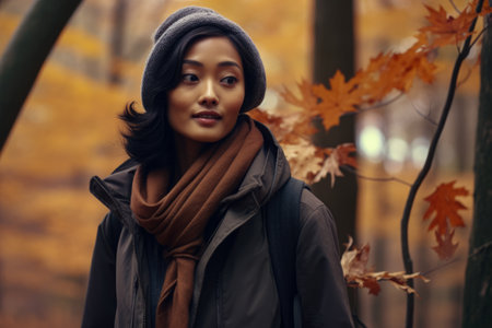 Asian woman enjoying autumn in the woodsの素材