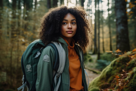 Young multiethnic woman hiking in the woodsの素材