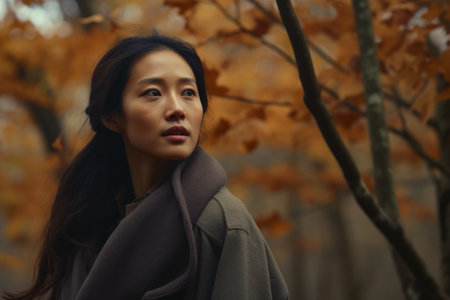Asian woman enjoying autumn in the woodsの素材