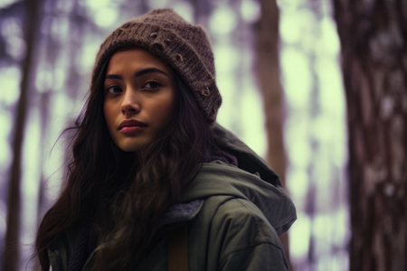 Multiethnic girl enjoying autumn in the woods on a snowy dayの素材