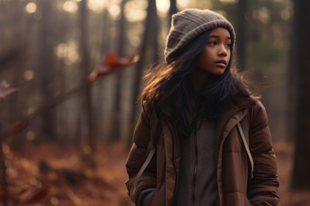 Multiethnic girl enjoying autumn in the woods on a snowy dayの素材