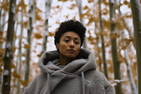 Multiethnic woman enjoying autumn in the woods on a snowy dayの素材