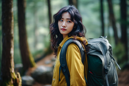 Young asian woman hiking in the woodsの素材