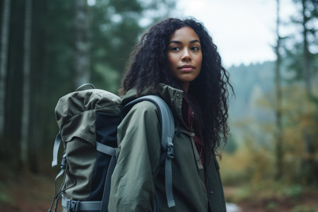 Young multiethnic woman hiking in the woodsの素材