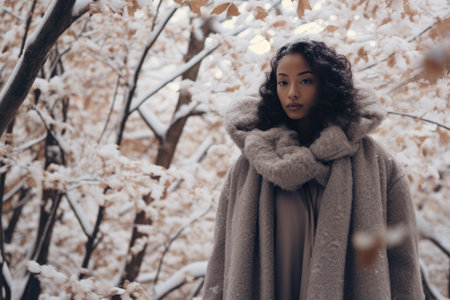Multiethnic woman enjoying autumn in the woods on a snowy dayの素材