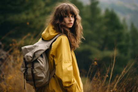 Young woman hiking in the mountainsの素材